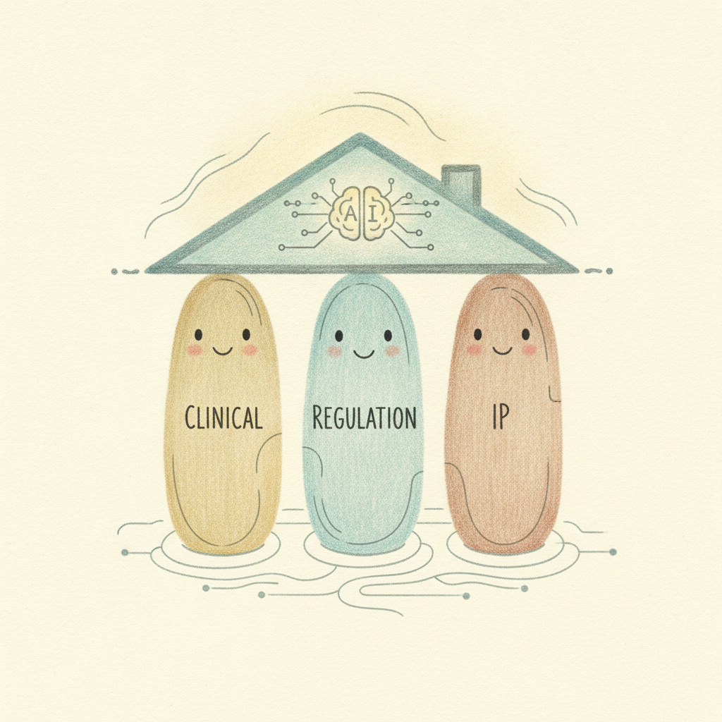 Fig.: the key point — the trinity of clinical × regulation × IP.