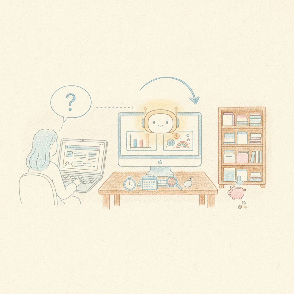 AI×専門家のナレッジ基盤のイラスト（色鉛筆風）：二体のAIが互いを検証し、人の専門家が最終監査、確定した知識が3言語のナレッジとして育っていく様子