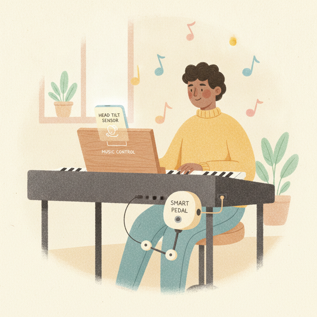 A person playing piano foot-free with a head-tilt sensor
